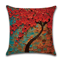 HKM-370131 Linen Autumn Landscape Pillow Cover with Floral and Leaf Patterns, 45x45cm
