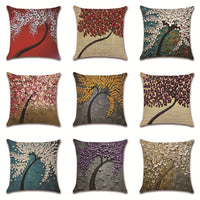 HKM-370131 Linen Autumn Landscape Pillow Cover with Floral and Leaf Patterns, 45x45cm