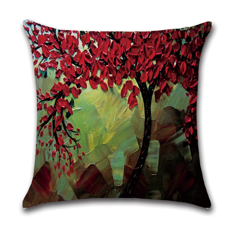HKM-370131 Linen Autumn Landscape Pillow Cover with Floral and Leaf Patterns, 45x45cm