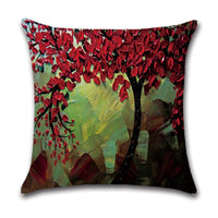 HKM-370131 Linen Autumn Landscape Pillow Cover with Floral and Leaf Patterns, 45x45cm