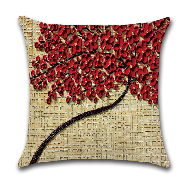 HKM-370131 Linen Autumn Landscape Pillow Cover with Floral and Leaf Patterns, 45x45cm