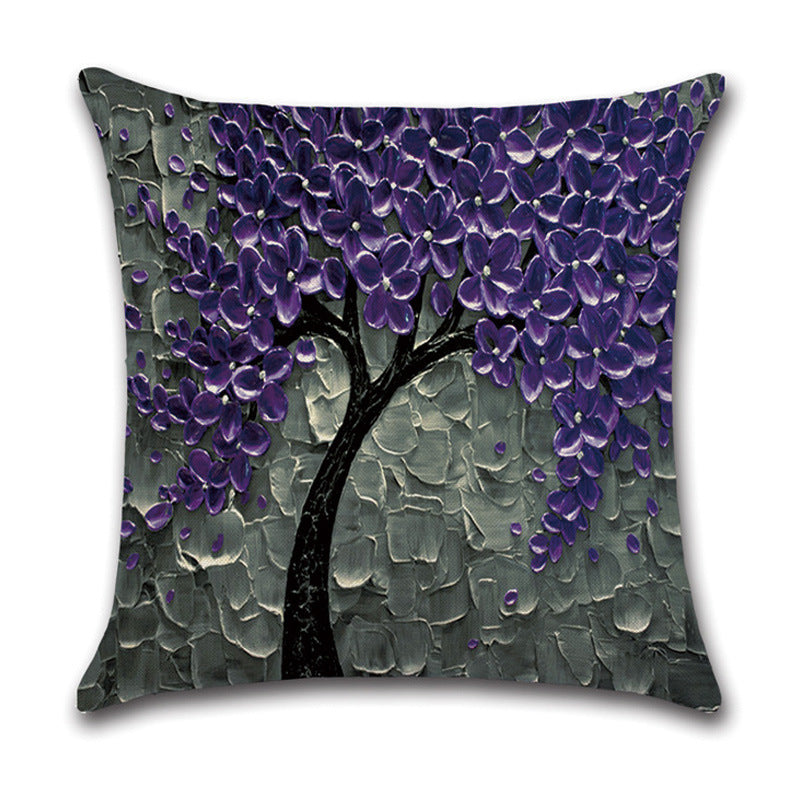 HKM-370131 Linen Autumn Landscape Pillow Cover with Floral and Leaf Patterns, 45x45cm