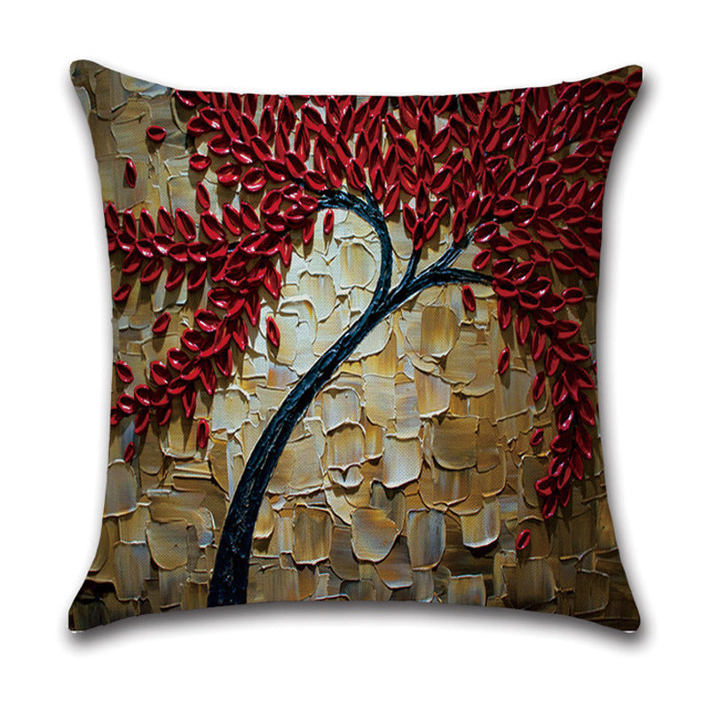 HKM-370131 Linen Autumn Landscape Pillow Cover with Floral and Leaf Patterns, 45x45cm