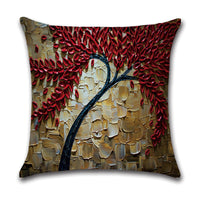 HKM-370131 Linen Autumn Landscape Pillow Cover with Floral and Leaf Patterns, 45x45cm