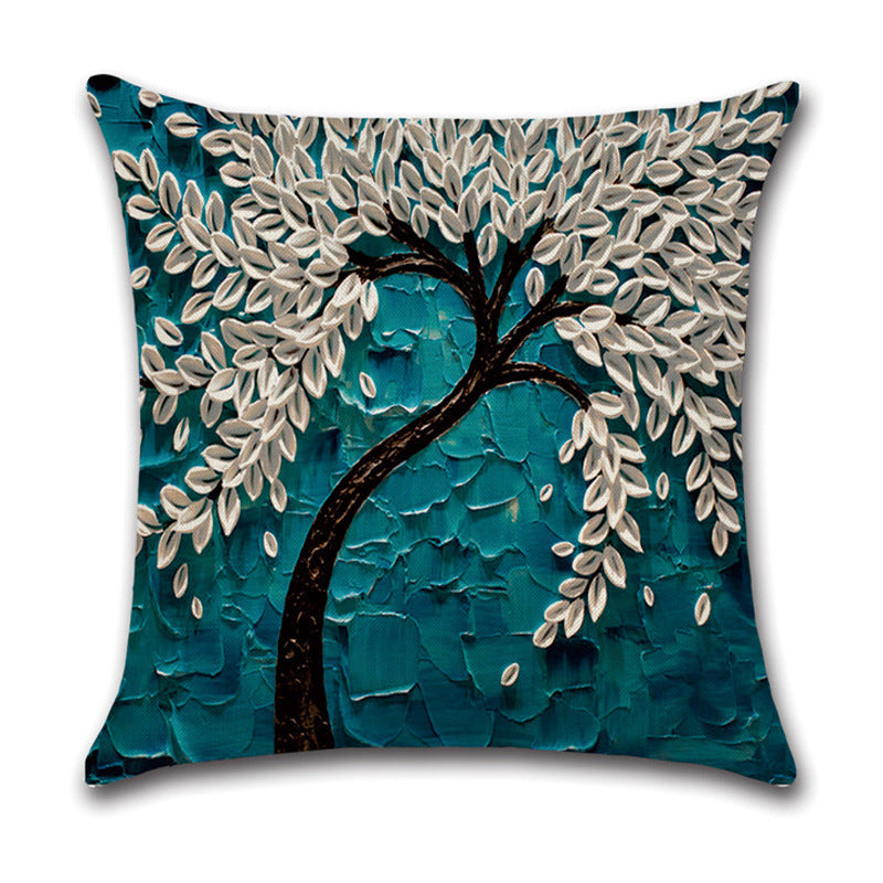 HKM-370131 Linen Autumn Landscape Pillow Cover with Floral and Leaf Patterns, 45x45cm