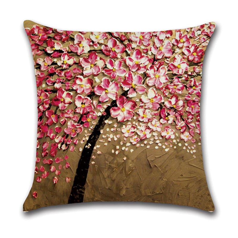 HKM-370131 Linen Autumn Landscape Pillow Cover with Floral and Leaf Patterns, 45x45cm