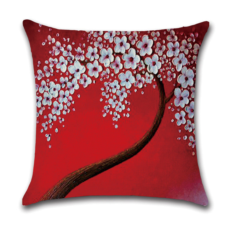 HKM-370131 Linen Autumn Landscape Pillow Cover with Floral and Leaf Patterns, 45x45cm