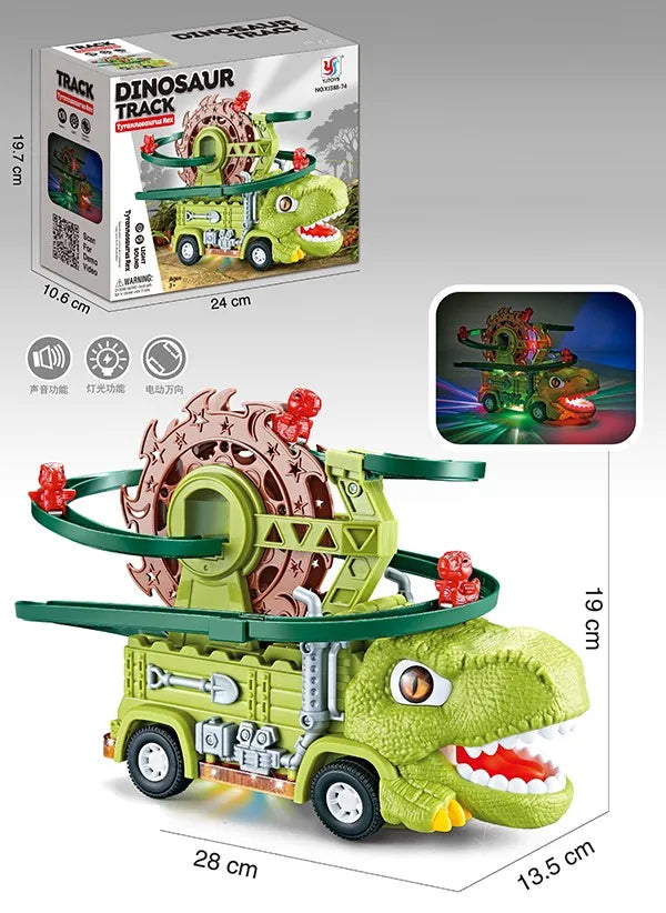 HKM-370259 Dinosaur Truck Roller Coaster Track Set with Obstacle Avoidance and Lights & Sounds for Kids