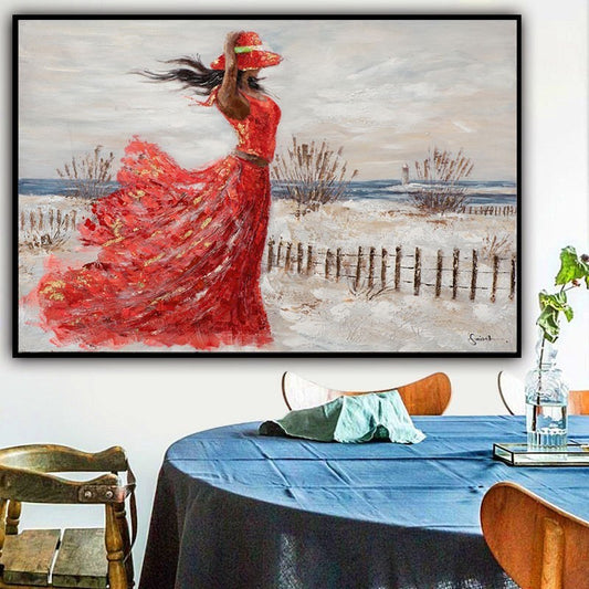 HKM-370387 Hand-Painted Oil Canvas Artwork of Girl in Red Dress by the Seaside - Modern Abstract Home Decor for Living Room and Bedroom