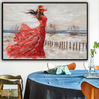 HKM-370387 Hand-Painted Oil Canvas Artwork of Girl in Red Dress by the Seaside - Modern Abstract Home Decor for Living Room and Bedroom
