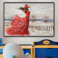HKM-370387 Hand-Painted Oil Canvas Artwork of Girl in Red Dress by the Seaside - Modern Abstract Home Decor for Living Room and Bedroom