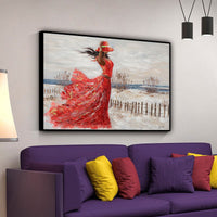 HKM-370387 Hand-Painted Oil Canvas Artwork of Girl in Red Dress by the Seaside - Modern Abstract Home Decor for Living Room and Bedroom