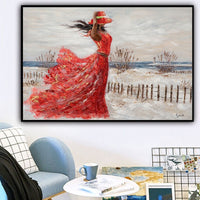HKM-370387 Hand-Painted Oil Canvas Artwork of Girl in Red Dress by the Seaside - Modern Abstract Home Decor for Living Room and Bedroom