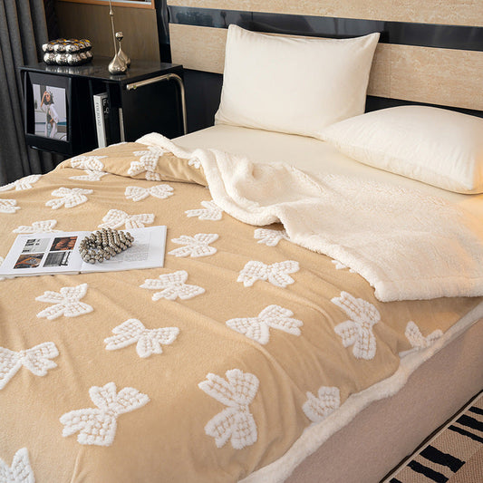 HKM-370451 Cozy Bowknot Lambswool Jacquard Blanket for All Seasons - Multiple Sizes and Colors Available