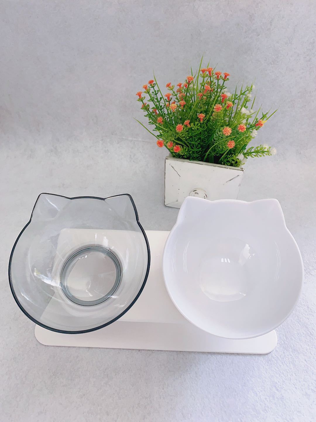 HKM-370963 Tilted Non-Slip Double Cat Bowl with Raised Stand for Comfortable Feeding, Transparent Cat Design