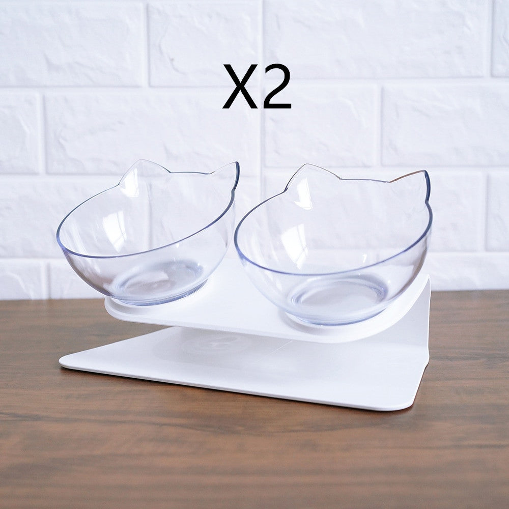 HKM-370963 Tilted Non-Slip Double Cat Bowl with Raised Stand for Comfortable Feeding, Transparent Cat Design