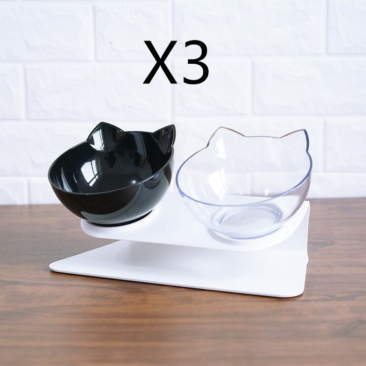 HKM-370963 Tilted Non-Slip Double Cat Bowl with Raised Stand for Comfortable Feeding, Transparent Cat Design