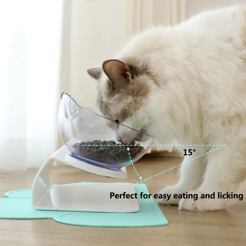 HKM-370963 Tilted Non-Slip Double Cat Bowl with Raised Stand for Comfortable Feeding, Transparent Cat Design