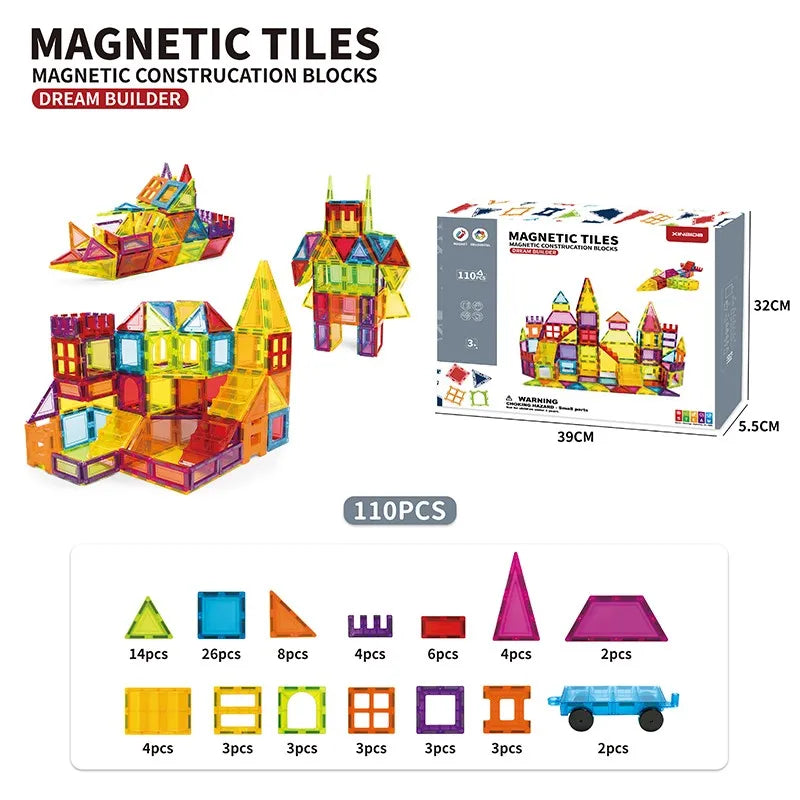 3D Magnetic Colorful Building Tiles Set - 110pcs Educational Toy for Kids Ages 10M to 12Y