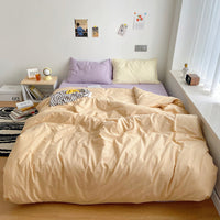HKM-371283 Washed Cotton Solid Color Quilt Cover Set - Four-Piece Japanese Style Bedding Collection