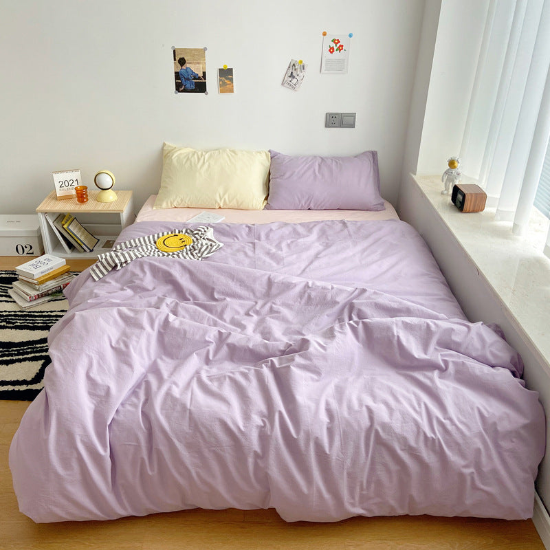 HKM-371283 Washed Cotton Solid Color Quilt Cover Set - Four-Piece Japanese Style Bedding Collection