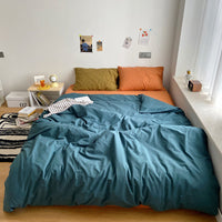 HKM-371283 Washed Cotton Solid Color Quilt Cover Set - Four-Piece Japanese Style Bedding Collection