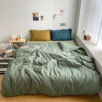 HKM-371283 Washed Cotton Solid Color Quilt Cover Set - Four-Piece Japanese Style Bedding Collection