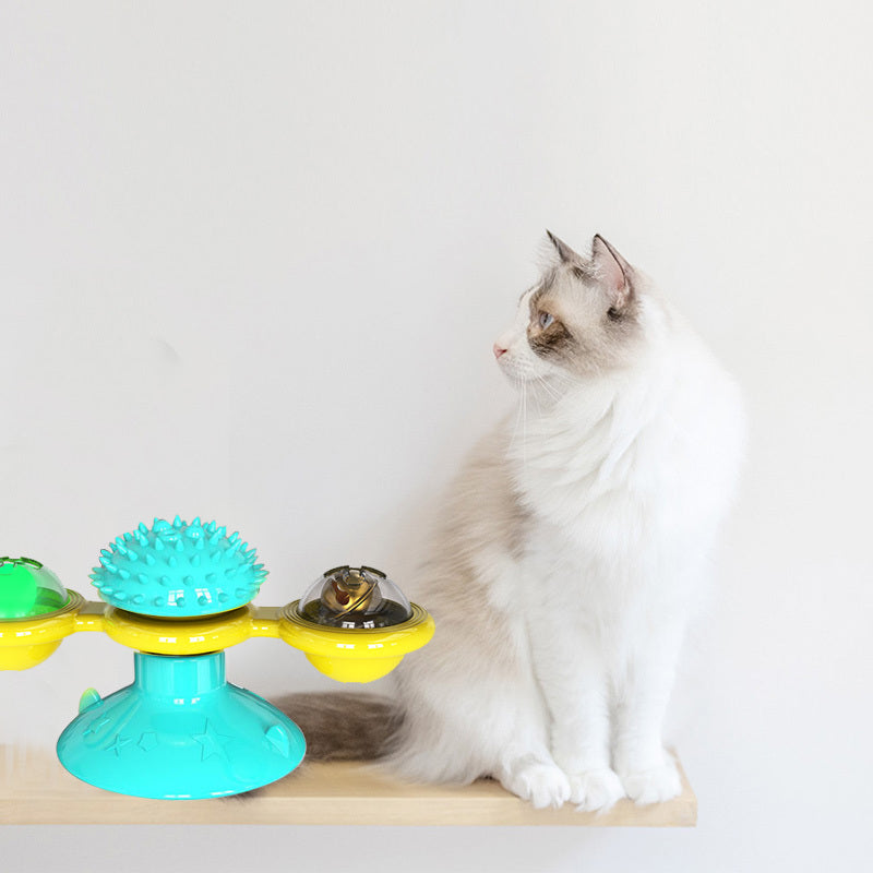 HKM-372051 Rotating Windmill Cat Toy with Suction Base, Dual Bins for Interactive Play, Luminous Balls and Catnip
