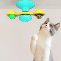 HKM-372051 Rotating Windmill Cat Toy with Suction Base, Dual Bins for Interactive Play, Luminous Balls and Catnip