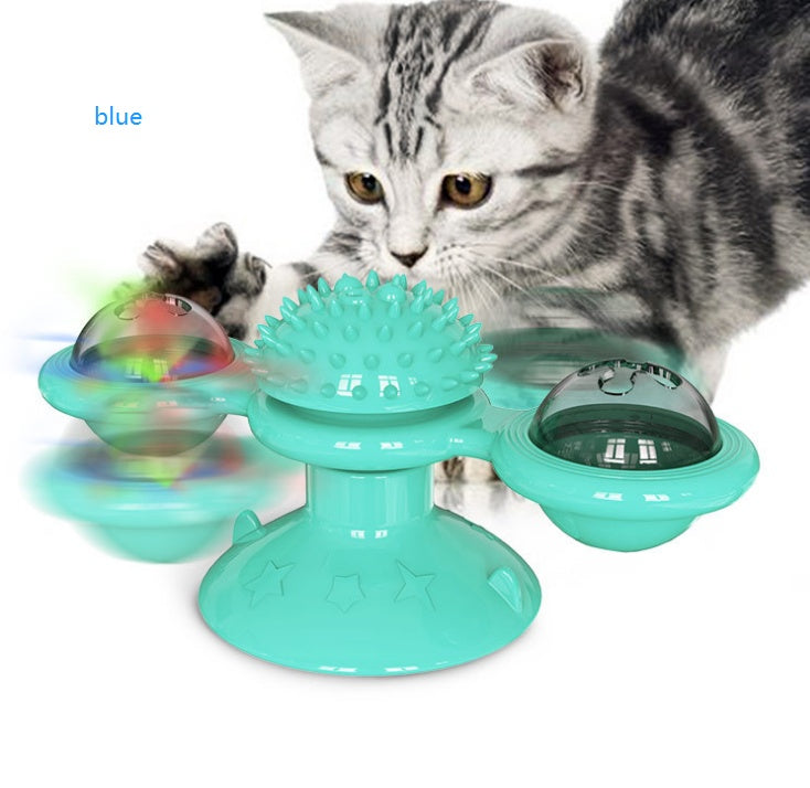 HKM-372051 Rotating Windmill Cat Toy with Suction Base, Dual Bins for Interactive Play, Luminous Balls and Catnip