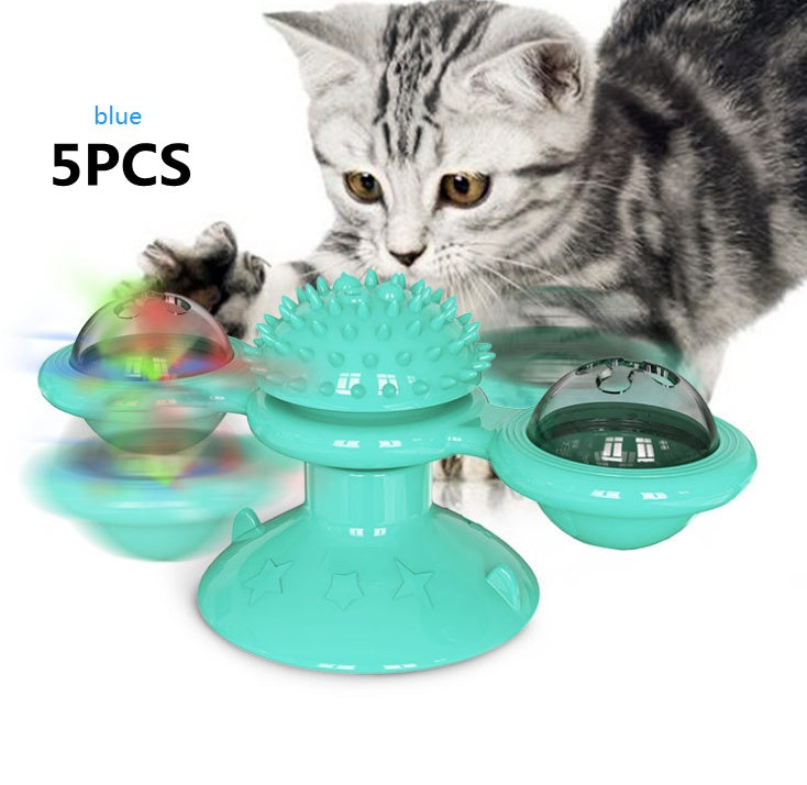 HKM-372051 Rotating Windmill Cat Toy with Suction Base, Dual Bins for Interactive Play, Luminous Balls and Catnip