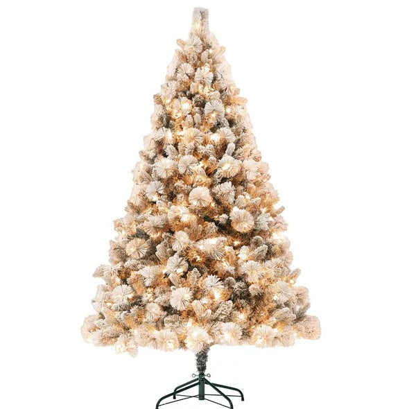 HKM-372371 Snow Flocked 6.5 Ft Artificial Christmas Tree with 350 Clear Lights and Metal Stand