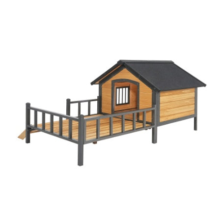HKM-372755 Large Outdoor Wooden Dog Kennel with Porch and Waterproof Roof for Extra Large Breeds