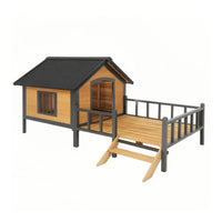 HKM-372755 Large Outdoor Wooden Dog Kennel with Porch and Waterproof Roof for Extra Large Breeds