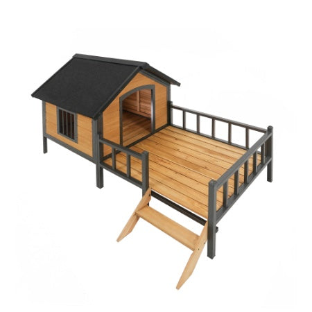 HKM-372755 Large Outdoor Wooden Dog Kennel with Porch and Waterproof Roof for Extra Large Breeds