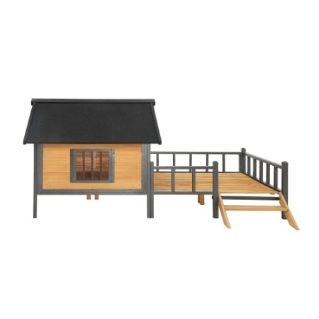 HKM-372755 Large Outdoor Wooden Dog Kennel with Porch and Waterproof Roof for Extra Large Breeds