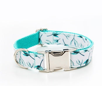 HKM-374099 Personalized Adjustable Dog Collar and Leash Set with Tropical Leaf Print and Bow Tie