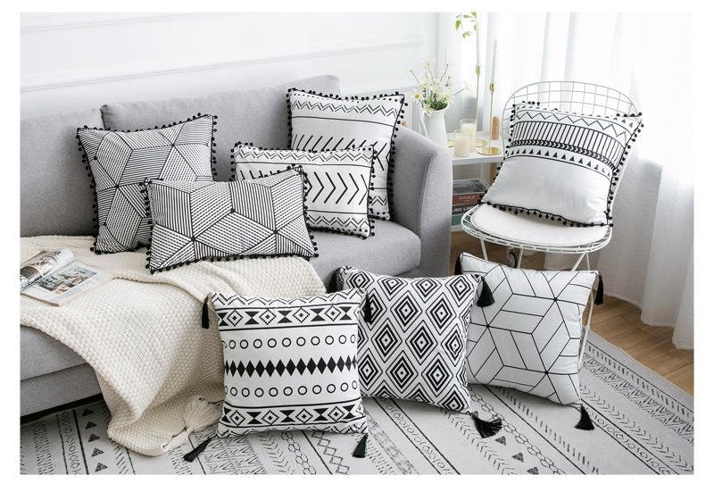 HKM-374291 Elegant Bohemian Throw Pillow - Light Gray, Black, and Silver Options, 30x50cm & 45x45cm Sizes