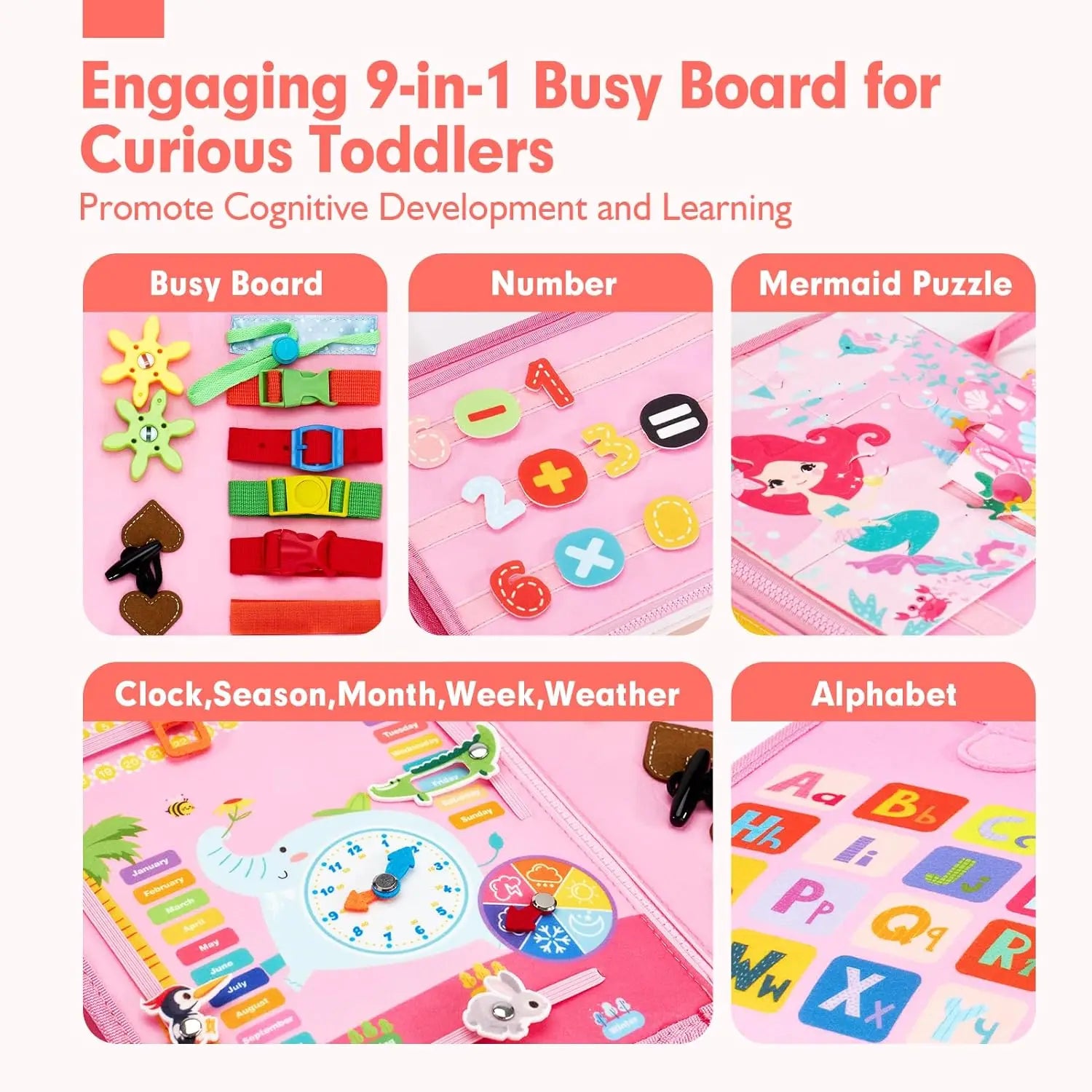 HKM-374867 Pink Unicorn Montessori Busy Board for Toddlers - Educational Silicone Sensory Toy