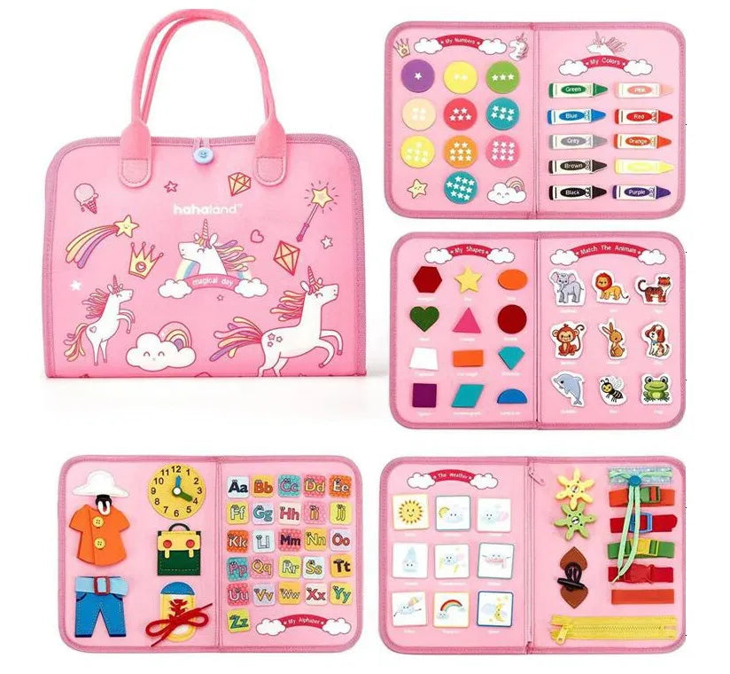 HKM-374867 Pink Unicorn Montessori Busy Board for Toddlers - Educational Silicone Sensory Toy