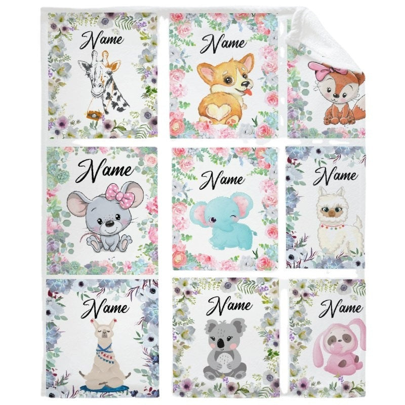 HKM-375379 Personalized Flannel Milestone Blanket with Cute Animal Designs in Multiple Sizes