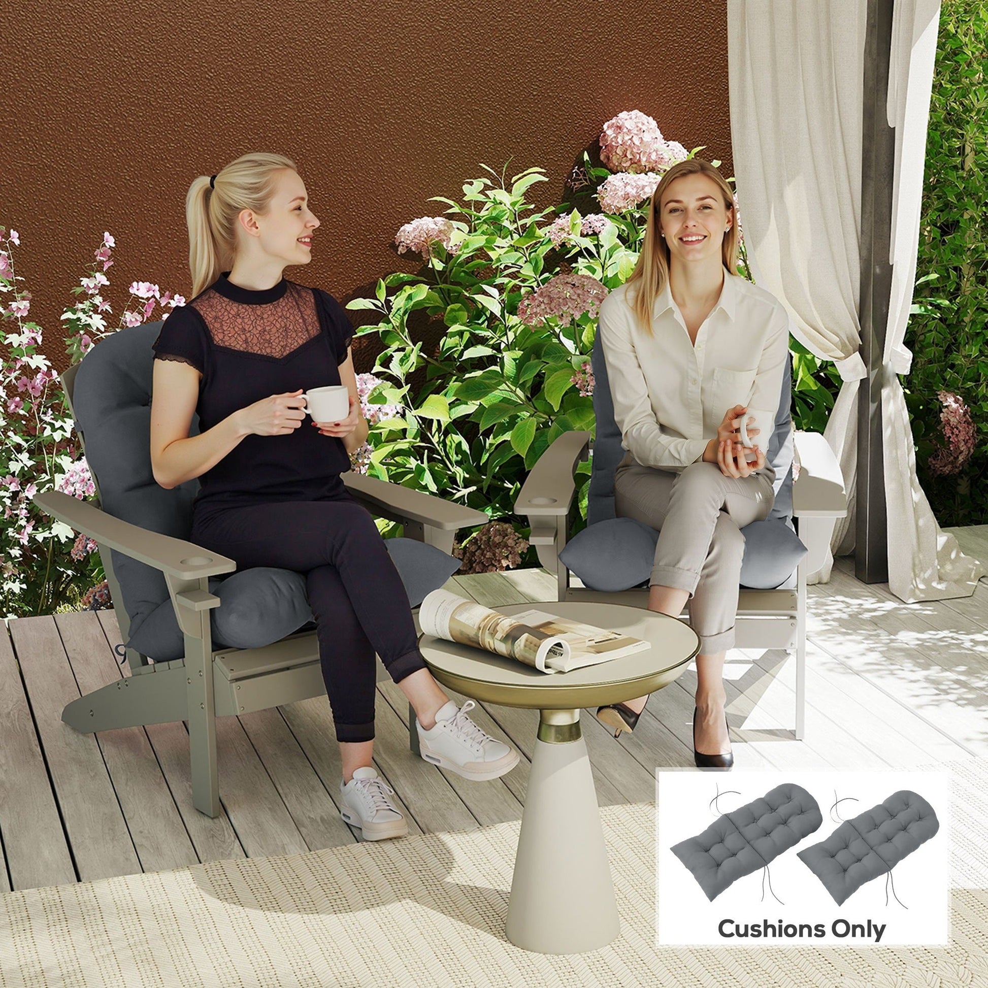 HKM-375443 Gray Tufted High Back Patio Chair Cushions Set of 2 with Non-Slip Ties and Spill-Resistant Fabric