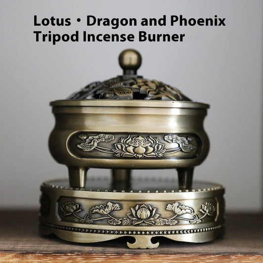 HKM-376211 Antique Bronze Dragon Phoenix Lotus Tripod Incense Burner Set