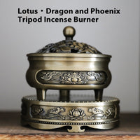 HKM-376211 Antique Bronze Dragon Phoenix Lotus Tripod Incense Burner Set