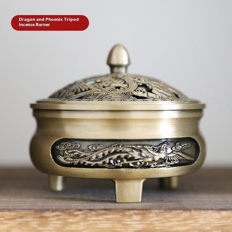 HKM-376211 Antique Bronze Dragon Phoenix Lotus Tripod Incense Burner Set