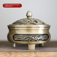 HKM-376211 Antique Bronze Dragon Phoenix Lotus Tripod Incense Burner Set