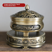 HKM-376211 Antique Bronze Dragon Phoenix Lotus Tripod Incense Burner Set