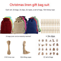 HKM-376339 Versatile Linen Drawstring Christmas Gift Bag with Stickers and Twine, Set of 24