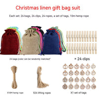 HKM-376339 Versatile Linen Drawstring Christmas Gift Bag with Stickers and Twine, Set of 24