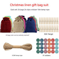 HKM-376339 Versatile Linen Drawstring Christmas Gift Bag with Stickers and Twine, Set of 24